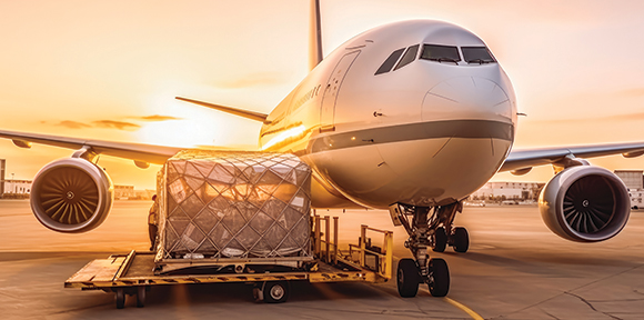 an aeroplane with a freight of parcels next to it