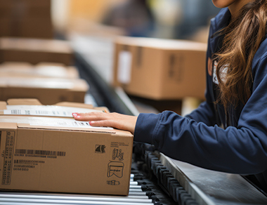 a person touching a parcel on a conveyor belt