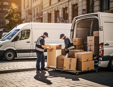 two workers taking a number of parcels out of a white van