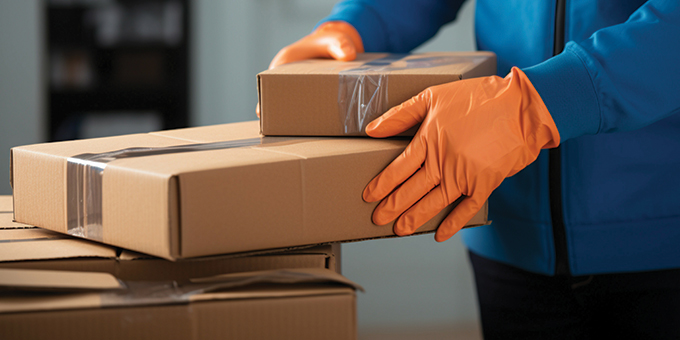 a person with orange gloves managing some parcels