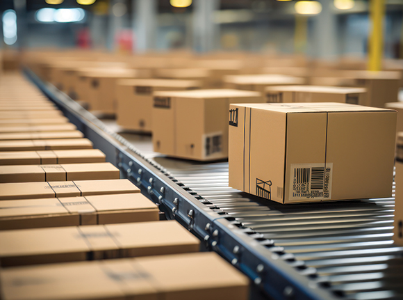 a conveyor belt of parcels in a warehouse